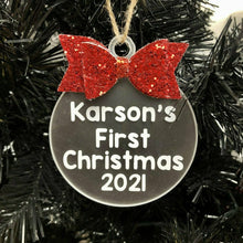 Load image into Gallery viewer, Personalised 'First Christmas' Christmas Bauble with Glitter Bow, Christmas Tree Decoration