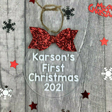 Load image into Gallery viewer, Personalised 'First Christmas' Christmas Bauble with Glitter Bow, Christmas Tree Decoration