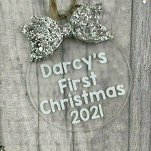 Load image into Gallery viewer, Personalised 'First Christmas' Christmas Bauble with Glitter Bow, Christmas Tree Decoration