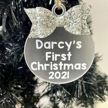 Load image into Gallery viewer, Personalised 'First Christmas' Christmas Bauble with Glitter Bow, Christmas Tree Decoration