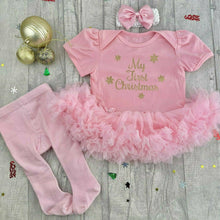 Load image into Gallery viewer,  Baby Girl's First Christmas Tutu Romper in either Black, Red or Light Pink with Matching Tights and Bow Headband, Gold Glitter Snowflake Design
