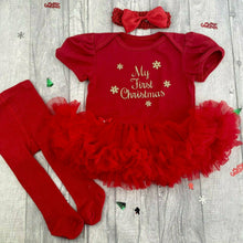 Load image into Gallery viewer,  Baby Girl's First Christmas Tutu Romper in either Black, Red or Light Pink with Matching Tights and Bow Headband, Gold Glitter Snowflake Design