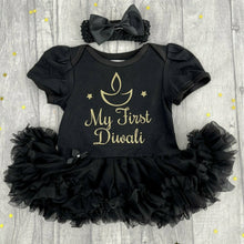 Load image into Gallery viewer, 'My First Diwali' Baby Girl's Tutu Romper With Matching Bow Headband, Gold Glitter Diya/ Candle Design