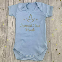Load image into Gallery viewer, Personalised First Diwali Baby Short Sleeve Romper, 1st Hindu Diwali, Celebration Romper With Traditional Diya