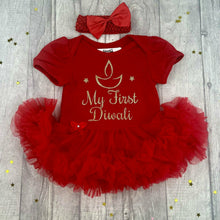 Load image into Gallery viewer, 'My First Diwali' Baby Girl's Tutu Romper With Matching Bow Headband, Gold Glitter Diya/ Candle Design