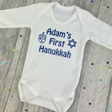 Load image into Gallery viewer, Baby Boy's & Girls First Hanukkah White Long Sleeve Cotton Baby Romper, Jewish Celebration Outfit