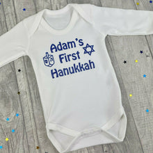 Load image into Gallery viewer, Baby Boy's & Girls First Hanukkah White Long Sleeve Cotton Baby Romper, Jewish Celebration Outfit