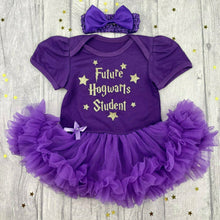 Load image into Gallery viewer, 'Future Hogwarts Student' Harry Potter Theme Baby Girl Tutu Romper With Matching Bow Headband