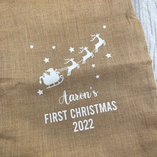 Load image into Gallery viewer, Baby's First Christmas Gift Sack, Father Christmas Sleigh Personalised, Baby's 1st Christmas Gift
