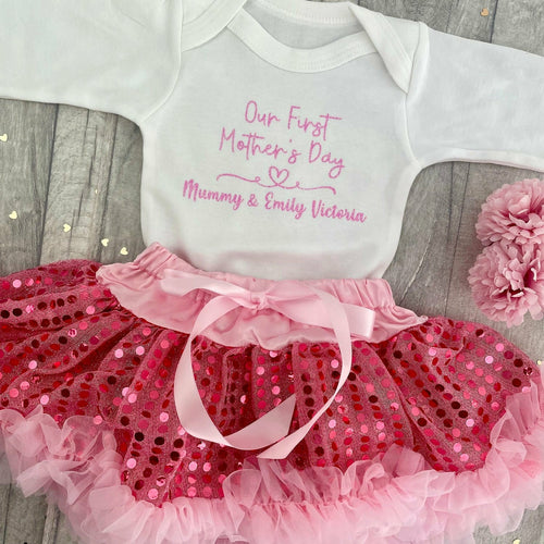 Baby Girl Mother's Day Outfit, Personalised White Long Sleeved Romper & Pink Sequin Tutu Skirt