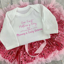Load image into Gallery viewer, Baby Girl Mother's Day Outfit, Personalised White Long Sleeved Romper & Pink Sequin Tutu Skirt