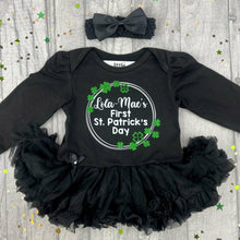 Load image into Gallery viewer, Personalised First St. Patrick's Day Baby Girl Black Tutu Romper, Paddy's Day Outfit with Matching Bow Headband