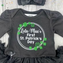 Load image into Gallery viewer, Personalised First St. Patrick's Day Baby Girl Black Tutu Romper, Paddy's Day Outfit with Matching Bow Headband