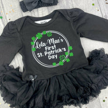 Load image into Gallery viewer, Personalised First St. Patrick's Day Baby Girl Black Tutu Romper, Paddy's Day Outfit with Matching Bow Headband