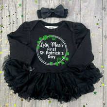 Load image into Gallery viewer, Personalised First St. Patrick's Day Baby Girl Black Tutu Romper, Paddy's Day Outfit with Matching Bow Headband