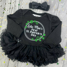 Load image into Gallery viewer, Personalised First St. Patrick's Day Baby Girl Black Tutu Romper, Paddy's Day Outfit with Matching Bow Headband