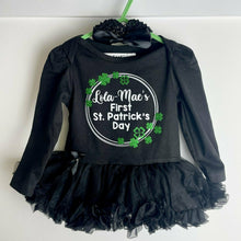 Load image into Gallery viewer, Personalised First St. Patrick's Day Baby Girl Black Tutu Romper, Paddy's Day Outfit with Matching Bow Headband