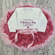 Load image into Gallery viewer, Baby Girls Personalised Our First Valentine's Day Together White Long Sleeve Romper with Pink Sequin Tutu Skirt Set