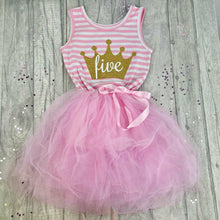 Load image into Gallery viewer, 5th Birthday Girls Sleeveless Light Pink Stripy Summer Party Dress With Satin Pink Bow gold crown with white number five