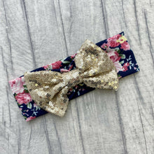 Load image into Gallery viewer, Baby Girl Floral Pattern Headband with Gold Sequin Glitter Bow