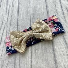 Load image into Gallery viewer, Baby Girl Floral Pattern Headband with Gold Sequin Glitter Bow