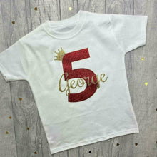 Load image into Gallery viewer, Number and Crown Personalised Birthday White T-shirt Boys & Girls 1-5 years