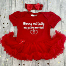 Load image into Gallery viewer, 'Mummy & Daddy Are Getting Married!' Baby Girl Tutu Romper With Matching Bow Headband, Wedding