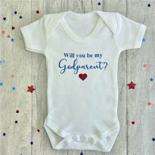 Load image into Gallery viewer, 'Will You Be My Godparent?' Baby Girl or Boy White Short Sleeve Romper