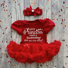 Load image into Gallery viewer, 'Will You Be My Godmother?' Baby Girl Tutu Romper With Matching Bow Headband, Princess