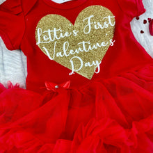 Load image into Gallery viewer, Personalised '1st Valentine's Day' Baby Girl, Tutu Romper With Matching Bow Headband And Polka Dot Leg Warmers, Gold Heart