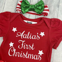 Load image into Gallery viewer, Personalised 'First Christmas' Stars Red Baby Girl Tutu Romper With White And Green Sequin Bow Headband