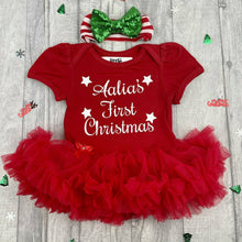 Load image into Gallery viewer, Personalised 'First Christmas' Stars Red Baby Girl Tutu Romper With White And Green Sequin Bow Headband