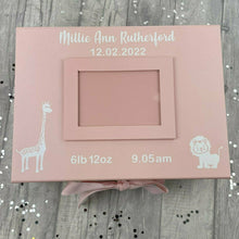 Load image into Gallery viewer, Personalised Newborn Blue A4 Photo Ribbon Box, Keepsake Baby Details Gift Box, Giraffe & Lion