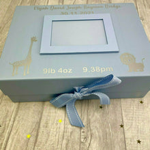 Load image into Gallery viewer, Personalised Newborn Blue A4 Photo Ribbon Box, Keepsake Baby Details Gift Box, Giraffe & Lion