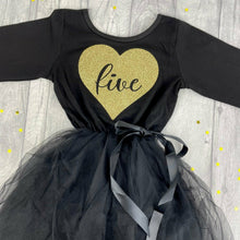 Load image into Gallery viewer, Girls Birthday Dress with Gold Glitter Heart, Black Long Sleeve Party Tutu Dress