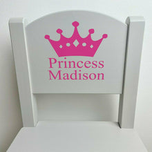 Load image into Gallery viewer, Grey wooden chair with princess crown with personalised name design in hot pink
