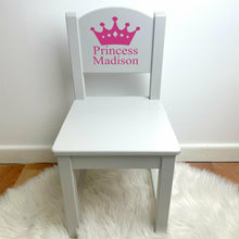 Load image into Gallery viewer, Grey wooden chair with princess crown with personalised name design in hot pink