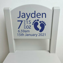 Load image into Gallery viewer, Grey Chair with Name, DOB and Weight Design in Navy