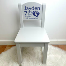 Load image into Gallery viewer, Grey Chair with Name, DOB and Weight Design in Navy