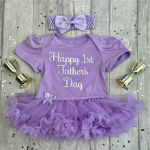 Load image into Gallery viewer, Happy 1st Father's Day Baby Girl Purple Tutu Romper With Matching Bow Headband, White glitter Text