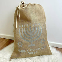 Load image into Gallery viewer, Happy Hanukkah Hessian Personalised Jewish Celebration Gift Present Sack