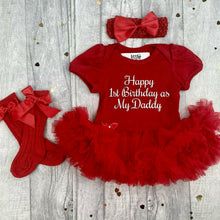 Load image into Gallery viewer, Happy 1st Birthday as my Daddy Baby Girl Red Tutu Romper and Luxury Knee High Socks