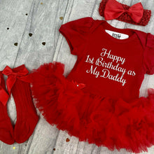Load image into Gallery viewer, Happy 1st Birthday as my Daddy Baby Girl Red Tutu Romper and Luxury Knee High Socks