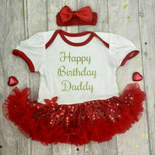 Load image into Gallery viewer, 'Happy Birthday Daddy' Baby Girl Tutu Romper With Matching Bow Headband, Gold Glitter Design