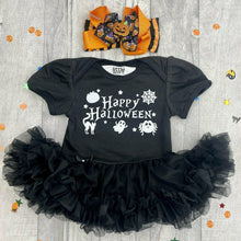 Load image into Gallery viewer, Baby Girl Happy Halloween Outfit, Black Tutu Romper with Matching Pumpkin Bow Headband