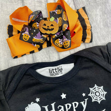 Load image into Gallery viewer, Baby Girl Happy Halloween Outfit, Black Tutu Romper with Matching Pumpkin Bow Headband