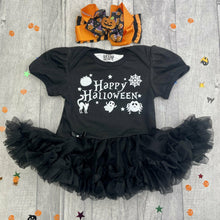 Load image into Gallery viewer, Baby Girl Happy Halloween Outfit, Black Tutu Romper with Matching Pumpkin Bow Headband