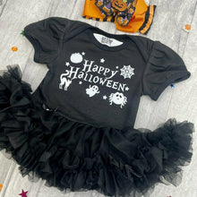 Load image into Gallery viewer, Baby Girl Happy Halloween Outfit, Black Tutu Romper with Matching Pumpkin Bow Headband