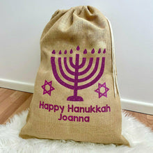 Load image into Gallery viewer, Happy Hanukkah Hessian Personalised Jewish Celebration Gift Present Sack