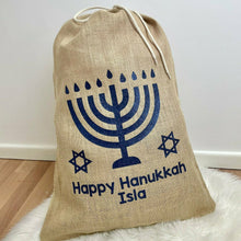 Load image into Gallery viewer, Happy Hanukkah Hessian Personalised Jewish Celebration Gift Present Sack